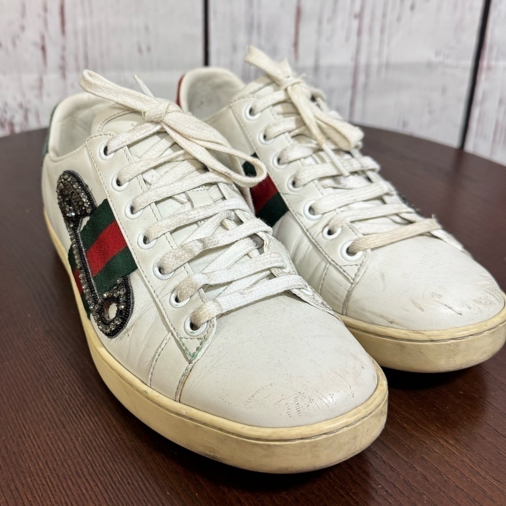 GUCCI ACE SNEAKERS embellished safety pin women’s 6.5 GUC - Picture 8 of 15